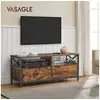 Image de Vasagle meuble tv industriel, table télé jusqu'à 55 pouces, avec 2 tiroirs et 2 étagères ouvertes, 120 x 40 x 50 cm, pour salon, chambre, cadre en acier, marron rustique et noir