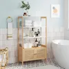 Image de Meuble de Salle de Bain en Bambou - SONGMICS - 3 étagères et 1 Placard à 2 Portes - Couleur Boisée et Blanc