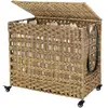 Image de Songmics panier à linge tissé à la main, corbeille à linge imitation rotin, mobile, 3 compartiments de tri, couvercle, poignées, sacs amovibles, salon, salle de bain, buanderie, marron lcbfr083n01