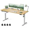 Image de Bureau Électrique Réglable en Hauteur Multiprise Tiroir 70 x 160 cm Réglable en Continu Couleur Chêne Naturel et Blanc Nuage