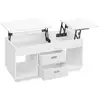 Image de Table basse, table de salon relevable avec 2 tiroirs et compartiments cachés, compartiments ouverts, pour salon, bureau à domicile, blanc neige