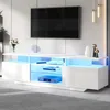 Image de Meuble TV Blanc Moderne 2 Portes Brillantes Éclairage LED Verre Trempé Structure MDF160x40x45cm