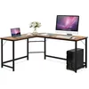 Image de COSTWAY Bureau d’Angle Grand L168 x l125 x H74CM - Jusquà 3 Ordinateurs Style industriel Structure en Métal Marron