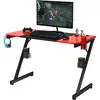 Image de Bureau de jeu bureau gamer surface en fibre de carbone 120 x 60 x 76cm avec porte-gobelet, crochet pour ecouteurs et supports audio noir et rouge