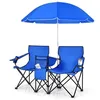 Image de COSTWAY Chaise/Fauteuil de Camping Pliante 2 Places avec Sac isotherme Parasol Porte-gobelet Accoudoirs Charge 270 KG Bleu