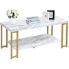 Image de COSTWAY Table Basse Imprimée Marbre à 2 Niveaux avec 4 Pieds en Métal Doré Table de Salon Scandinave pour Bureau Salle de