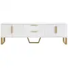 Image de Meuble tv brillant porte à texture gravée,commode tv avec 4 compartiments de rangement et 2 tiroirs,170x40x53cm,blanc