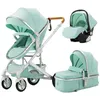 Image de Poussette 3 en 1 Bébé Combinée Siège-Auto Nacelle Trio Réversible Réglable Haute Qualité Roues increvables Canne.vert