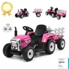 Image de COSTWAY 12V Tracteur Électrique Enfants à 6 Pneus - Pelle Remorque Amovible LED Musique - Télécommande 24G 3-6km/h Rose