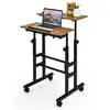 Image de Bureau assis-debout à roulettes, table informatique à 2 niveaux pour ordinateur avec hauteur réglable noyer