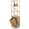 Image de Colonne pour salle de bain avec panier à linge basculant et 3 etagères de rangement meuble en bambou et toile d'oxford