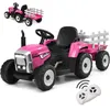 Image de Tracteur Électrique Enfant 12V 7Ah- GOPLUS - avec Télécommande et Remorque Amovible - Charge 30KG - Effet Musique/Sonore - Rose