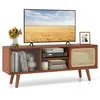 Image de COSTWAY Meuble TV en Bambou pour TV 55 avec 4 Compartiments 4 Pieds en Bois 2 Portes Coulissantes en Rotin Verre Trempé Marron