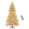 Image de Sapin de Noël Artificiel Enneigé 210 cm COSTWAY--Télécommande et Minuteur-65 Boules Lumineuses-350 LED Blanc Chaud-905 Branches