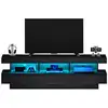 Image de Meuble tv noir brillant 160l x 38l x 50,5h cm avec éclairage led,3 étagères en verre,connectivité bluetooth,support tv pour télé 70 Façade Brillante,avec Lumière