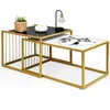 Image de COSTWAY Lot de 2 Tables Basses Gigognes Imprimée Marbre avec Cadre en Métal Doré Table dAppoint Scandinave avec Patins