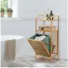 Image de Panier de linge en bambou avec corbeille en tissu oxford inclinable et amovible 2 etagères, 40,5 x 33 x 95,5cm(l x l x h) idéal pour salle de bain, buanderie et penderie
