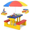 Image de Salon de Jardin pour Enfants COSTWAY Table et 2 Bancs avec Parasol pour Pique-nique Exterieur Jusquà 4 Enfants Jaune+Rouge+Bleu