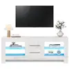 Image de Meuble tv moderne blanc avec led lumineuse - etagère en verre 2 tiroirs - buffet bas rangement salon chambre 130 x 35 x 50cm Façade Brillante,avec Lumière