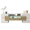 Image de Meuble tv,banc tv bas à poser 145cm en panneaux de particules avec lumière led,6 portes,2 tiroirs et 3 niches,naturel meuble TV naturel