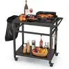 Image de Desserte jardin, chariot de barbecue avec 4 roulettes verrouillables, desserte extérieur pour barbecue, plancha avec 4 crochets et étagère