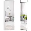Image de Costway miroir 120 x 37 cm au-dessus de la porte, miroir pleine longueur cadre en alliage d'aluminium, crochets pour vestiaire chambre salon (noir)