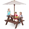 Image de Salon de Jardin pour 4 Enfants COSTWAY - 1 Table et 2 Bancs Extérieur avec Parasol Table de Pique-nique en Bois de Sapin