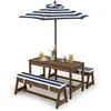 Image de Salon de Jardin pour 4 Enfants COSTWAY 1 Table et 2 Bancs avec Coussins Extérieur avec Parasol Table de Pique-nique en Bois