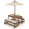 Image de Salon de Jardin pour 4 Enfants COSTWAY 1 Table et 2 Bancs avec Coussins Extérieur avec Parasol Beige