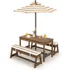 Image de Costway table de pique-nique pour enfants avec parasol réglable, salon de jardin en bois pour enfants avec coussins, 89 x 44 x 50 cm marron