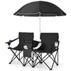 Image de Chaise de Camping Pliante 2 Places avec Parasol - COSTWAY - Noir - Sac isotherme Porte-gobelet Accoudoirs