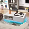 Image de Table Basse Salon COSTWAY - Lumières LED 20 Couleurs - 95 x 55 x 31 CM - Table Basse LED avec Grand Tiroir et Compartiment - Blanc