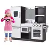 Image de Costway cuisine enfant en sapin avec tableau noir & rideau, cuisiniere enfants avec lumière & effet sonore, réfrigérateur & four, jeu de cuisine pour enfant de 3+ ans, 97 x30 x 95 cm