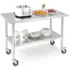 Image de Costway table de travail cuisine en acier inoxydable à 2 niveaux 122 x 61 cm, 2 roues verrouillables, plateau inférieure réglable, charge 250 kg, extérieur intérieur pour cuisine, restaurant, jardin