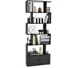 Image de COSTWAY Bibliothèque à 6 Niveaux avec 2 Portes-70 x 23 x 183 CM-Étagère de Rangement en Bois Forme en S-Style Moderne-Noir