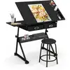 Image de Costway table à dessin inclinable, bureau à dessin avec tabouret, 2 grands tiroirs, porte-stylo, hauteur réglable, pour peinture, 61,5 x 119 x (73,5-98) cm, noir