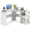 Image de Bureau d'ordinateur en forme de l, étagères de rangement 2 niveaux, 2 passe-câbles, 130x130x74cm (blanc)
