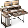 Image de COSTWAY Grand Bureau - Support d'Écran pour 2 PC Style Industriel 120 x 56 x 90 5 CM 2 Tiroirs 2 Etagères Marron