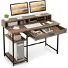 Image de Costway bureau d'ordinateur avec étagère pour moniteur, bureau informatique avec tiroir de rangement et 2 étagères ouvertes, support uc, style industriel, 120 x 56 x 90,5 cm, marron
