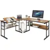 Image de Costway bureau d'ordinateur d'angle 170 x 150 cm, table de bureau avec plateau inclinable, étagère inférieure, support uc, poste de travail pour bureau, studio (noyer)