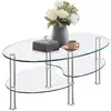 Image de Costway table basse en verre transparente avec 3 etagères en verre trempé, table basse salon ovale pour salle, salon, chambre, 90x50x45cm