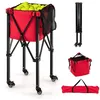 Image de COSTWAY Chariot de Balle de Tennis Pliable en Aluminium Léger Roulant Sac Amovible Poches Latérales Contient 150 balles Rouge