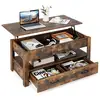 Image de Costway table basse relevable avec 2 tiroirs, table basse salon industrielle avec compatiments, levage pneumatique, marron rustique, 106 x 50 x 48 cm
