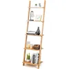 Image de COSTWAY Bibliothèque Penchée en Bambou 5 Niveaux 43x35x165CM Étagère Échelle avec Patins Antidérapants Surface imperméable Naturel