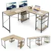 Image de Bureau d'ordinateur convertible en forme de l, 4 étagères, support cpu, charge 180 kg (naturel)