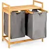 Image de Costway meuble panier à linge en bambou avec étagère, 2 sacs amovibles, grandes poignées, 64 x 33 x 73 cm (gris)