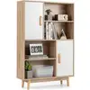 Image de Costway bibliothèque, étagère à 4 niveaux avec 2 portes, meuble de rangement avec patins anti-rayures et dispositif anti-basculement blanc+naturel