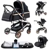 Image de Poussette 3 en 1 Bébé Combinée Siège-Auto Nacelle Réversible Réglable Haute Qualité Roues increvables Canne noir et or