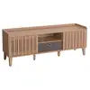 Image de Meuble tv porte coulissante 3 compartiments de rangement bois de manguier 56 x 150 x 40 cm tiroir gris 04_0007869