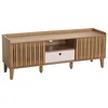 Image de Meuble TV porte coulissante 3 compartiments de rangement bois de manguier 56 x 150 x 40 cm tiroir blanc 04_0007870